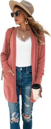 Кардиган жіночий Saodimallsu трикотажний, довгий, легкий, однотонний, з кишенею, темно-рожевий, розмір M