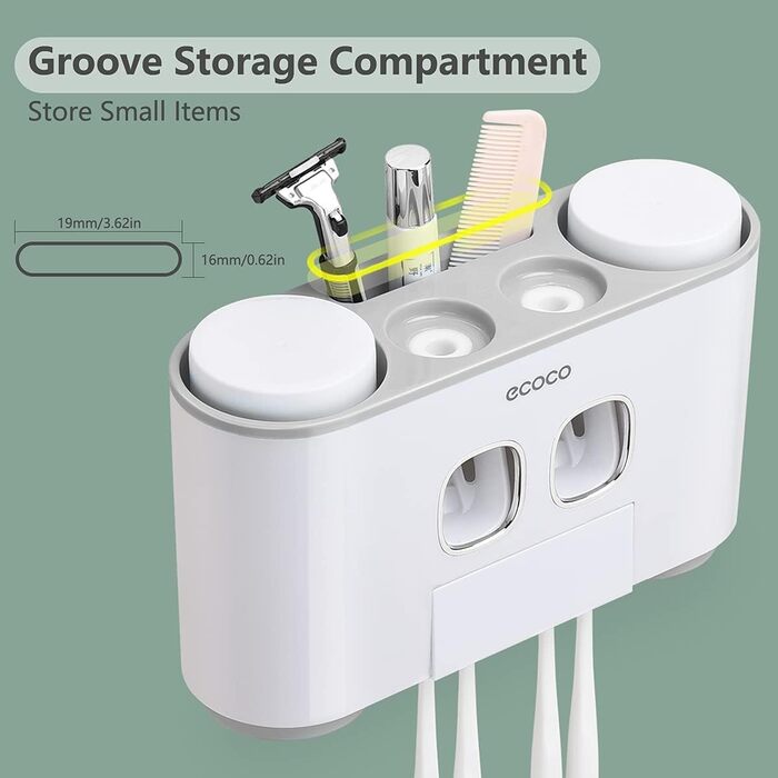 Toothbrush holder with toothpaste dispenser, wall-mounted for bathroom, bathroom organizer, storage accessory set for kids with 5 toothbrush holder slots