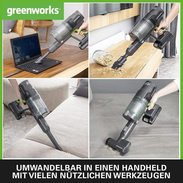 Бездротовий акумуляторний пилосос Greenworks GD24SV 5-в-1, 500W, 45 хв роботи, HEPA-фільтр, насадка для шерсті тварин, 3 режими потужності (без акумулятора та зарядного пристрою)