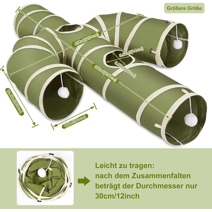 Cat Tunnel Toy, Collapsible Cat Tunnel for Indoor Cats, Interactive Peek-a-Boo Hole, Pet Tunnel with Cat Wand Toy (Cactus Shape, XXL (30cm*150cm))