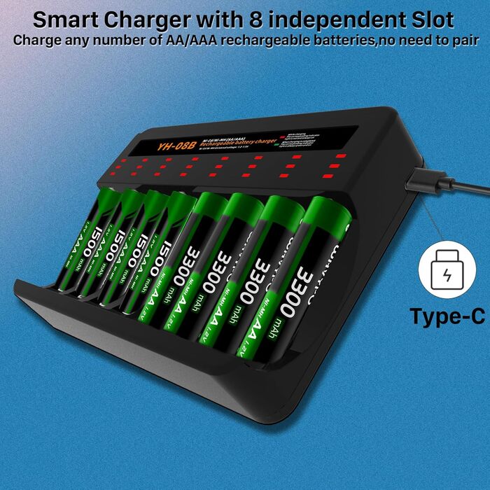 Зарядний пристрій для акумуляторів AA/AAA 8 слотів - розумний зарядний пристрій для NI-MH/NI-CD акумуляторів