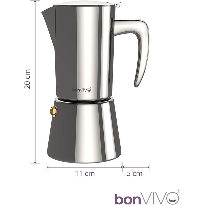 bonVIVO Induction Espresso Maker - Stainless Steel Coffee Maker with -Finish, Water Kettle & Filter - Moka Pot - Christmas Gifts for the Household (Chrome, 6 Cups - 300 ml)