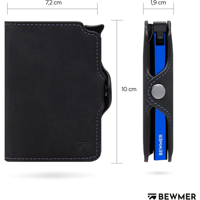 Картхолдер BEWMER 1 RFID захист, шкіряний гаманець для чоловіків та жінок, кліпса з карбону, чорний електросвітло-синій