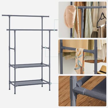 SONGMICS Стійка для одягу металева, з 2 перекладинами та 2 полицями, біла, до 70 кг, RDR02WT (Сірий)