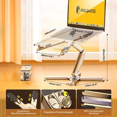 FoldWise X Laptop Stand for Desk – Aluminum, 360° Swivel, Foldable, Height & Angle Adjustable – Stable & Portable Laptop Riser, MacBook Stand & Computer Holder for 11-18 Inch