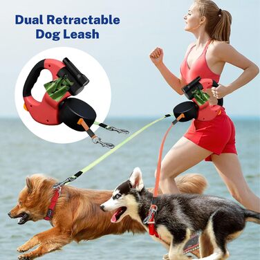 Висувна поводок для собак, 3 метри з LED-підсвіткою, подвійний поводок для 2 собак, обертання на 360°, без перекручування, з пакетами для вигулу, для собак до 50 кг, для тренувань та прогулянок (Чорний)