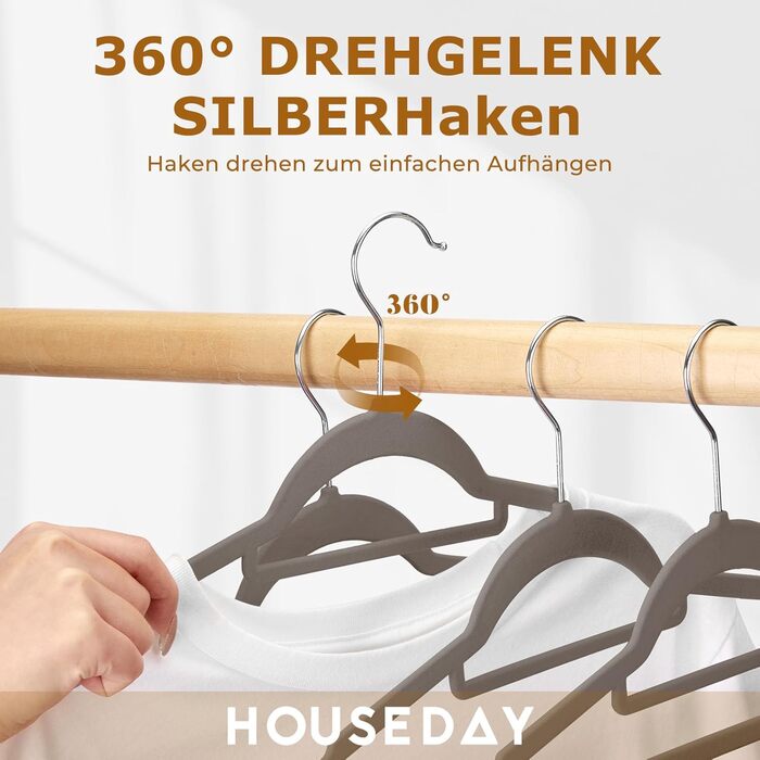 Набір вешалок для одягу HOUSE DAY, 30 шт., велюрові, преміум-якість, обертаються на 360°, сірі