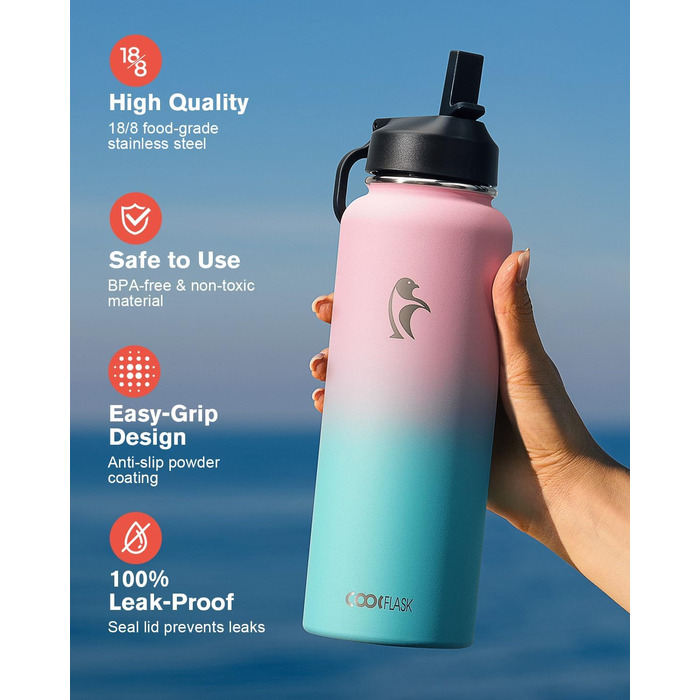Термопляшка Coolflask 2л з соломинкою та 3 кришками, нержавіюча сталь, для спорту та офісу, герметична (Bubble Gum)