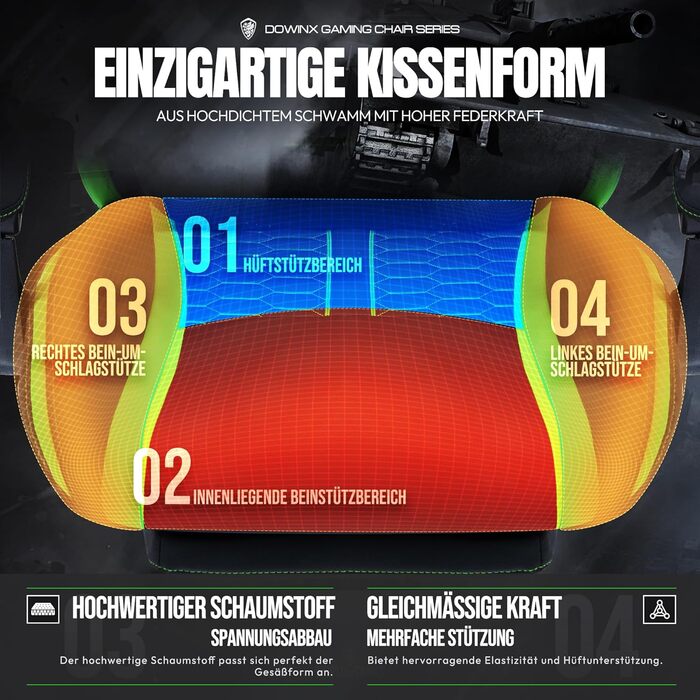Ігровий крісло Dowinx з підігрівом, масажем, подушкою для попереку, підставкою для ніг та кишеньковою подушкою. Зелений крісло для геймерів, PC крісло для дорослих