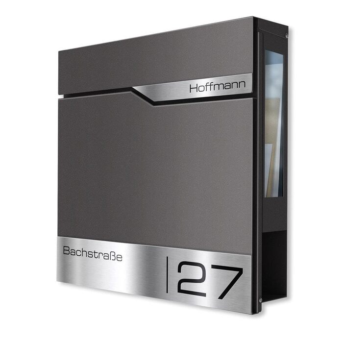 Поштовий ящик Metzler® з газетницею та табличкою з нержавіючої сталі V2A, стійкий до іржі, сучасний дизайн, 10 років гарантії на запчастини, опції монтажу та аксесуари, колір Eisenglimmer Db 703