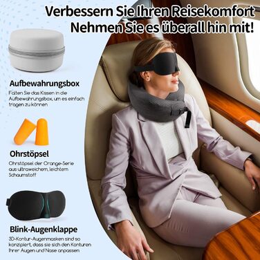 Подушка для шиї у літак, подорожі: Memory Foam, регульована, компактна, з чохлом, навушники, маска для сну (темно-сірий)
