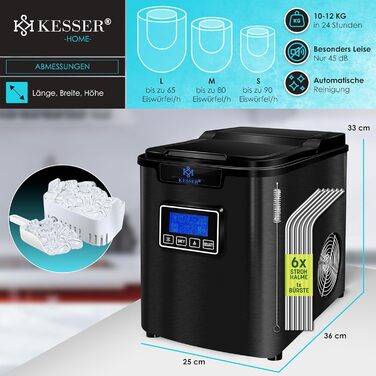 Машина для приготування льоду KESSER® з нержавіючої сталі, 150W, 12 кг/24 год, 3 розміри кубиків, таймер, LCD-дисплей, чорний