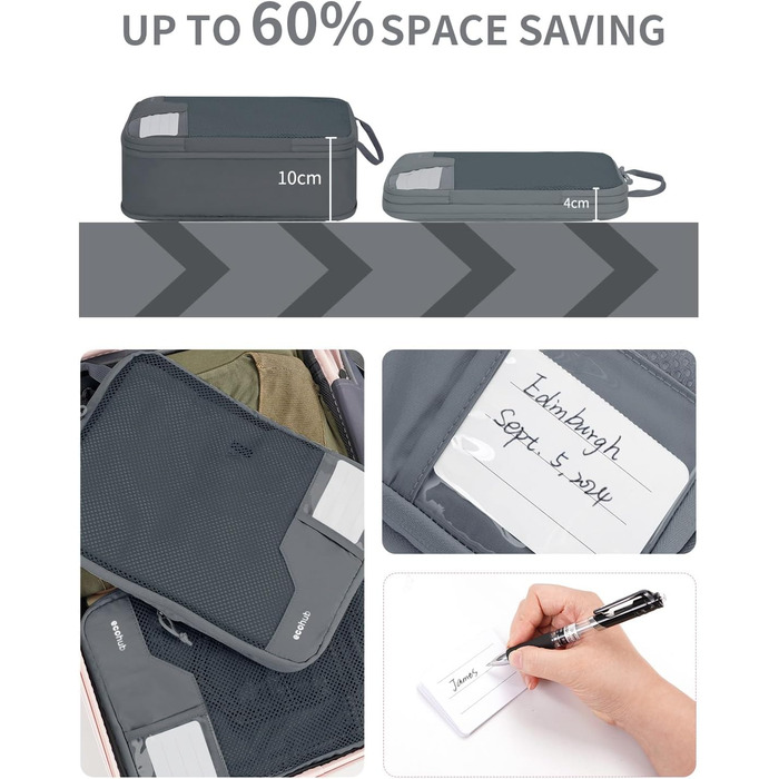 Органайзери для валізи ECOHUB (набір 4 шт.) з мішками для пакування, з тегами, з перероблених матеріалів, для рюкзака та валізи, з міцною сіткою, набір для подорожей