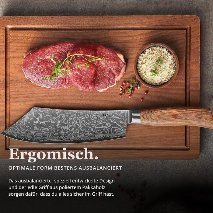 Ніж кухарський Wakoli EDIB Pro Damast BBQ & Blockmesser 20 см з лезом з 67 шарів дамаської сталі (VG10) з ергономічною ручкою з паккавуда для м'яса, гриля та смаження. У подарунковій коробці. Без гравіювання.