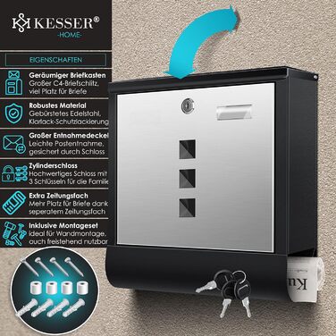 Поштова скринька KESSER® з газетницею та іменним шильдиком, нержавіюча сталь, матова, з оглядовим вікном, 3 ключі, порошкове покриття, настінний монтаж, велика, з матеріалом для монтажу (Чорний / Срібний)