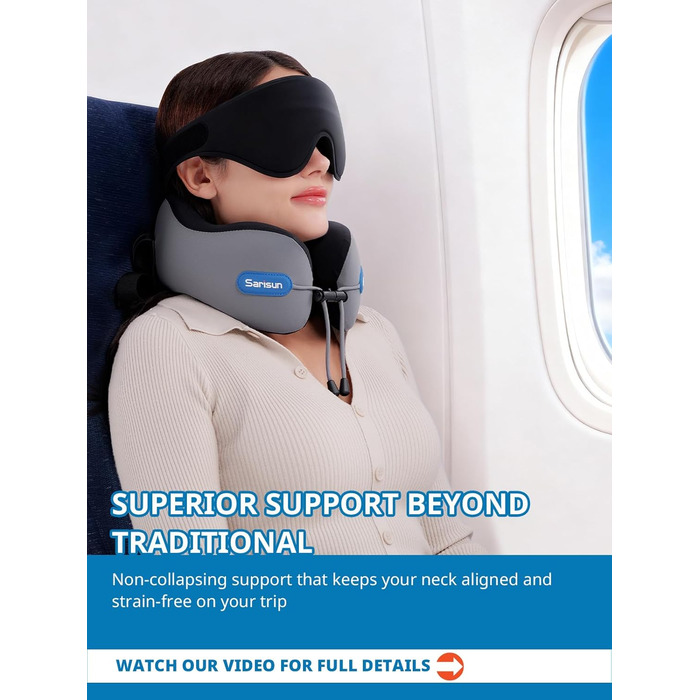 Подушка для шиї у літак Travel Pillow, подушка для подорожей з ременем та 3D-маскою для сну, Memory Foam, чорна