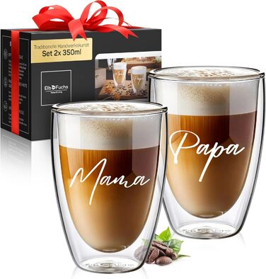 Набір склянок для лате макіато з подвійними стінками [4 шт.] з серцем | Кришталево-прозорі термосклянки | Ідеально для капучино, кави та чаю (08 Words - Мама + Папа, 350 мл)