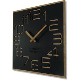 FLEXISTYLE Wall Clock Large Wood-Look Wood Digits ECO, Square Silent, Living Room, Bedroom, Made in EU (Black) (40 cm)