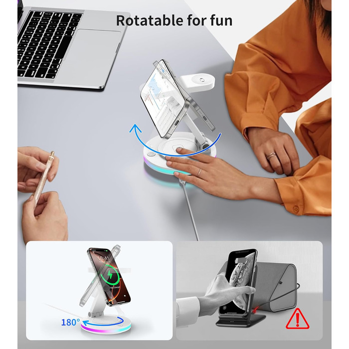 Зарядний пристрій MagSafe 3-в-1 для Apple Watch та iPhone, складний, поворотний з регулюванням світла, бездротовий зарядний станція MagSafe для iPhone 16/15/14, AirPods (без адаптера)