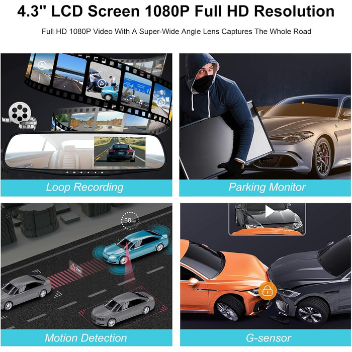 Відеореєстратор Podazz Dashcam Auto - камера для автомобіля з 3-дюймовим IPS екраном FHD 1080P, 170° кутом огляду, нічним баченням, G-сенсором, циклічною записом та детекцією руху, паркувальний режим (блакитний)