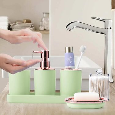 9-Piece Bathroom Accessory Set – Trash Can, Soap Dispenser Set, Soap Dish, Toilet Brush with Holder, Toothbrush Holder, Cup, Tray, Cotton Swab Holder, (Green Bathroom Set + Shower Curtain + Rugs)