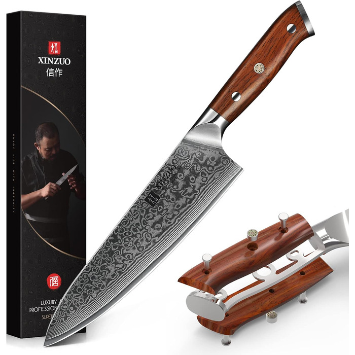 XINZUO 21cm Damascus Chef's Knife - 67 Layer Damascus Steel Gyuto Knife for Meat, Fish & Vegetables - Professional Handcrafted Kitchen Knife with Ergonomic Rosewood Handle