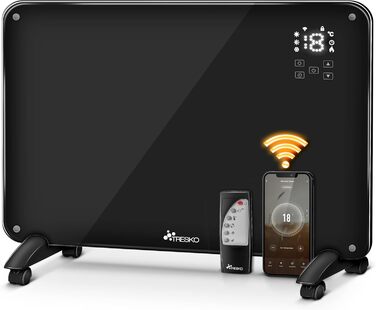 TRESKO Glass Convector Glass Heater 2000W APP WiFi | Electric Heater, electric including remote control | Convector Heater Radiator Touch & LCD Display | Electric Heater Stand-alone or Wall-Mounted Device Black