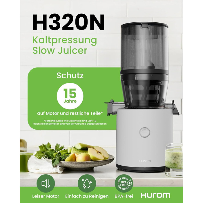 Соковижималка Hurom H320N для овочів та фруктів, електрична холодного віджиму, біла, 2 л, 200 Вт, без BPA, тиха, легка у чищенні