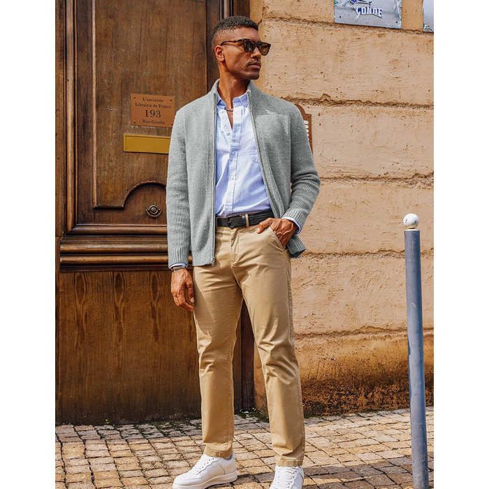 Чоловіча в'язана куртка-трікжак PJ PAUL JONE з коміром-стійкою та блискавкою, світло-сіра (L)