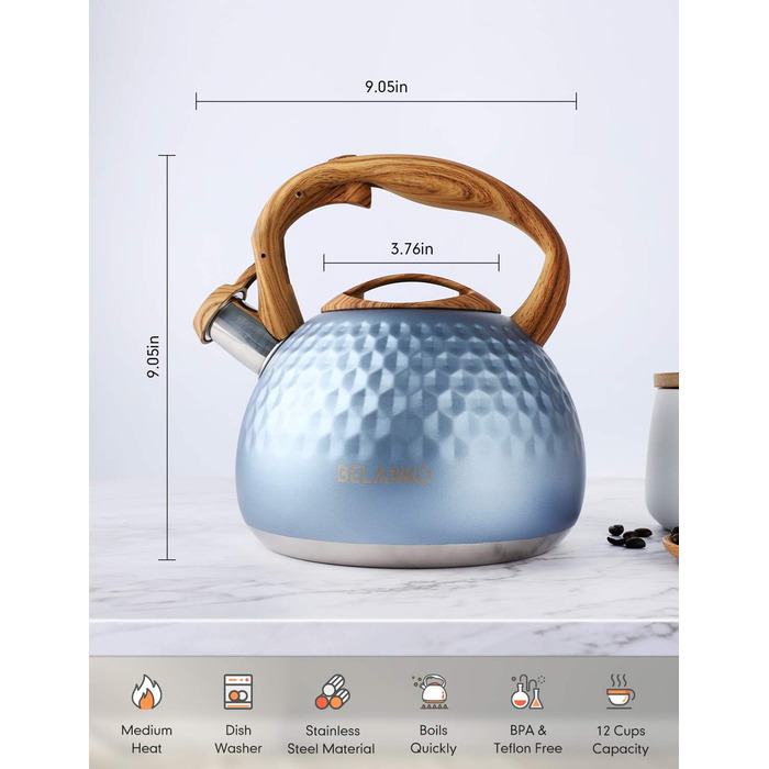 Чайник BELANKO Teekessel 2.7 л з дерев'яною ручкою, гучний свисток, чайник з нержавіючої сталі для плити, індукції, діамантовим дизайном, чорний (блакитний Glacier Blue)
