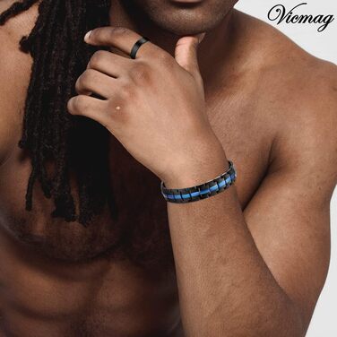 Браслет магнітний чоловічий Vicmag з титанової сталі, подвійний ряд, надміцна магнітна застібка, інструмент для регулювання та подарункова коробка (синє оздоблення)