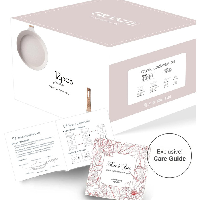 Набір посуду RIOVARM з індукційним дном, антипригарне покриття граніт, набір каструль та сковорідок з кришками, без PFOA, з ручками з імітацією дерева, сковорода, каструля, ковшик