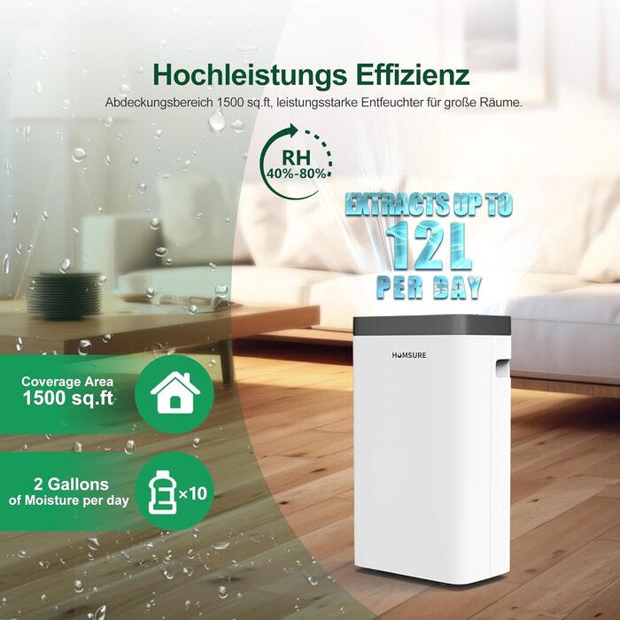 12L/Day Dehumidifier, Electric Dehumidifier with 1.2m Drain Hose, Room Dehumidifier with LED Display, Clothes Drying, Drain Hose, 24H Timer and Defrost, Ideal for Basements, Against Humidity