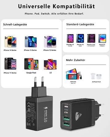 Зарядний пристрій USB-C 2 шт, 4 порти: адаптер для швидкої зарядки 40W PD 3.0 для iPhone 15 Pro Max, Samsung та інших смартфонів - чорний