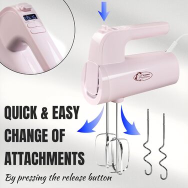 Міксер ручний Bestron Power з 6 рівнями, Turbo-функцією та LCD-дисплеєм, рожевий (2 вінчики + 2 гаки)