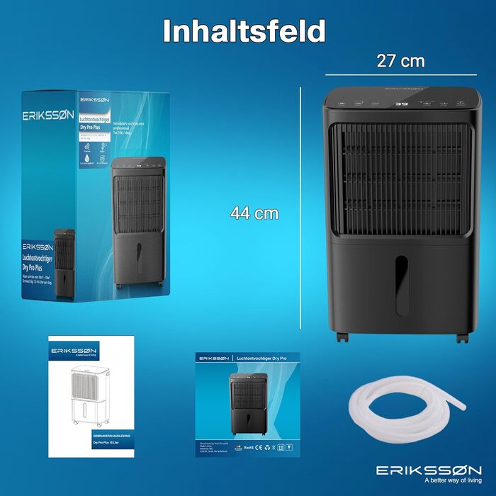 Зволожувач повітря Erikssøn з LED дисплеєм, таймером та захистом для дітей | видаляє 16 л вологи на добу | для приміщень до 140 м³ (70 м²) | енергоефективний зволожувач з датчиком вологості, білий (чорний)