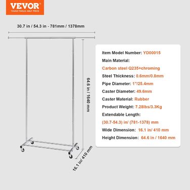 VEVOR Clothes Rack Coat Rack 1 Clothes Rod, Durable Clothes Rack Black 400 x 1010 x 1510 mm Clothes Rack for Bedroom, Laundry Room, Dressing Room, Entrance, etc. (1 Rod, 54.3