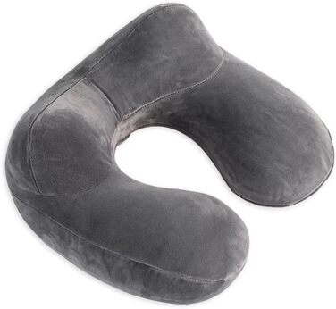 Надувна подушка для подорожей з м'якого велюру - підтримка шиї для авто, літака, поїзда, офісу. Сіра, з сумкою.