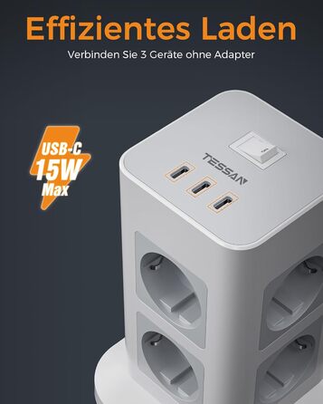 Блок розеток TESSAN з захистом від перенапруги, 3600W, 16A, 8 розеток, 3 USB-C, 2M, сірий
