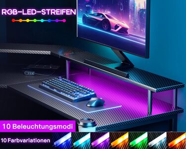 Ігровий стіл ODK 129x129 см з LED підсвіткою, розетками і USB, комп'ютерний стіл з великою полицею для монітора, карбон, чорний