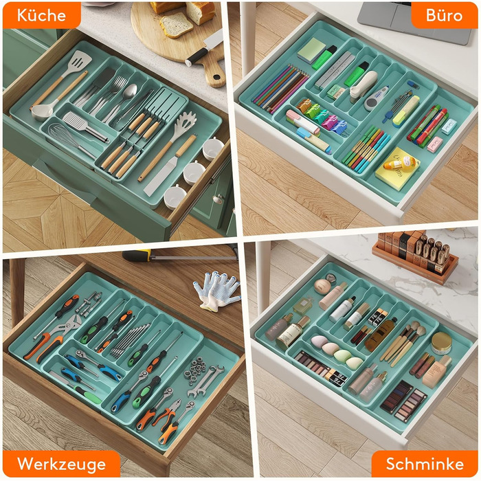 Органайзер для столових приборів Lifewit в шухляду, розширюваний, з відділенням для ножів (40 см, бірюзовий)