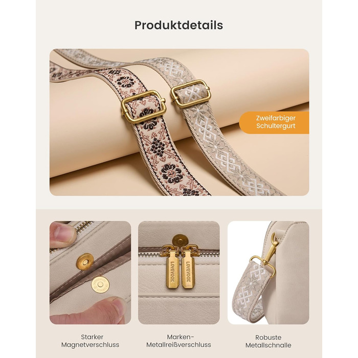 Сумка жіноча LOVEVOOK через плече, бежева: кросбоді, сумка середнього розміру, RFID-захист, 2 ремені 25x15x9 см