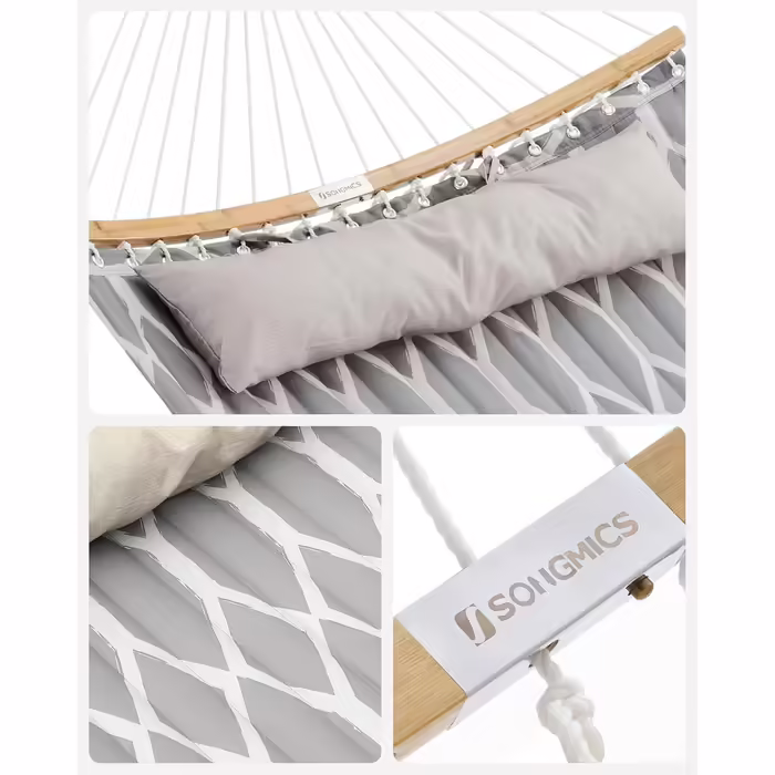 SONGMICS Hammock, Padded, Quilted, with Detachable Curved Bamboo Poles, with Headrest, 200 x 140 cm, Supports up to 225 kg, Gray and Beige Diamond Pattern GDC034G02