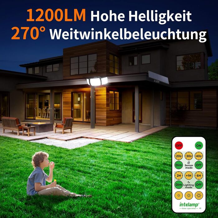 INTELAMP Solar Lights for Outdoors with Motion Sensor, 6000 mAh Solar with Remote Control, 1200LM, 270° Wide-Angle Solar Lights, IP65 Waterproof for Porch and Garages (2 Pack - 2.7M Cable)