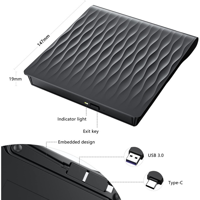 Зовнішній DVD/CD привід USB 3.0 та Type-C, DVD-брунер +/-RW для ноутбука та ПК, сумісний з Windows 11/10/8/7, MacOS, Linux, чорний
