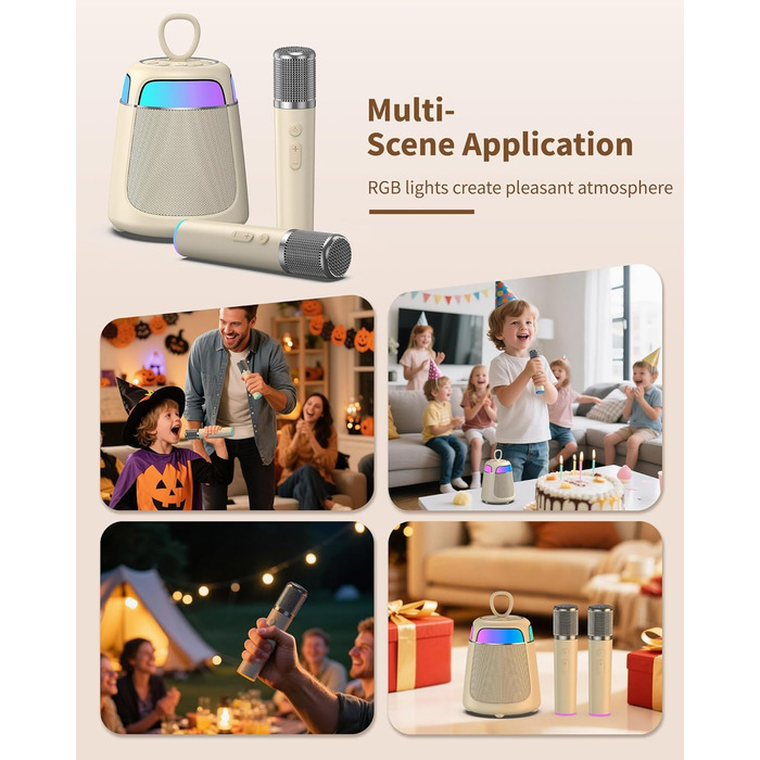 Караоке машина з 2 мікрофонами, Bluetooth, LED-підсвітка, 5 ефектів голосу, для дітей та сім'ї