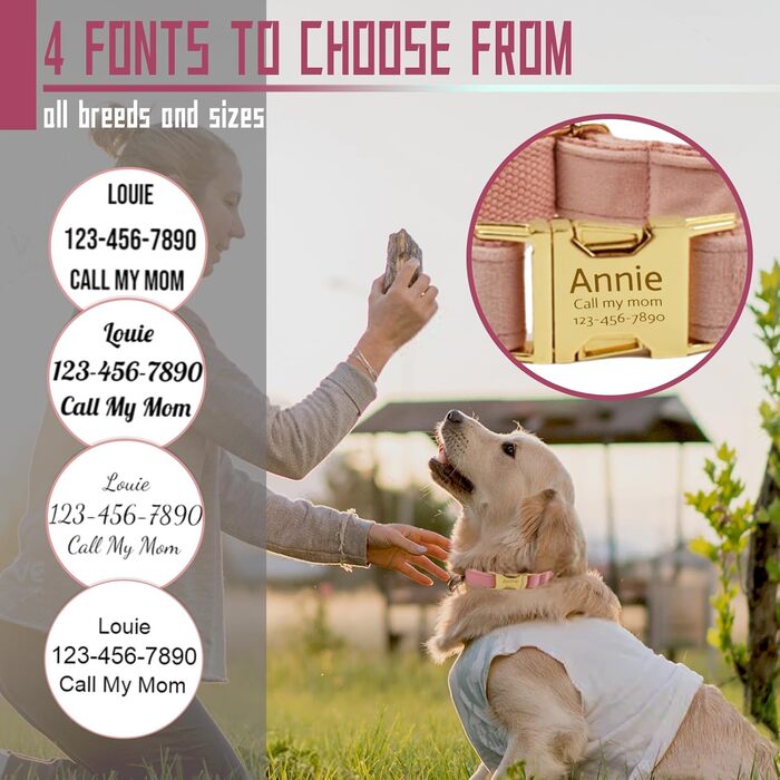 Персоналізоване собаче нашийник з металевою застібкою: напис та номер телефону. Регульовані розміри для собак середніх та великих порід.