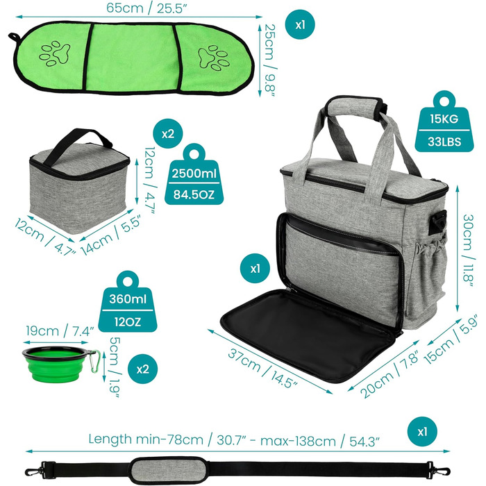 Сумка-переноска для собак BELLE VOUS, складаний миска для собак, сумка-переноска з багатьма кишенями, з контейнером для корму, сумка для аксесуарів для собак, рюкзак для собак, сумка для подорожей з собакою