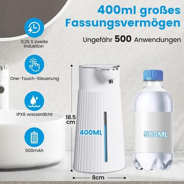 Електричний дозатор мила 400 мл з сенсором, автоматичний, настінний, 2 режими, USB, IPX6, білий