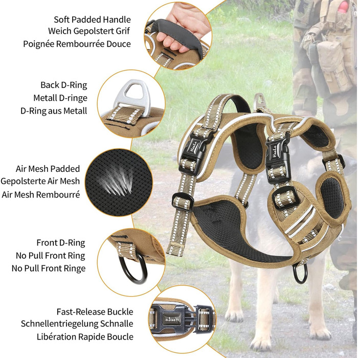 Шлейка для собак HEELE з регулюванням натягу, світловідбиваюча, для середніх собак, з м'якою ручкою, 1 пряжка, легко одягається, коричнева, розмір M, обхват грудей 38-71 см, Uni-Khaki